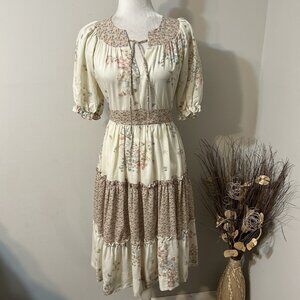 Vtg 70s Berni Women Cottage Core Prairie Midi Dress Beige Floral Tie Back Sz S ?